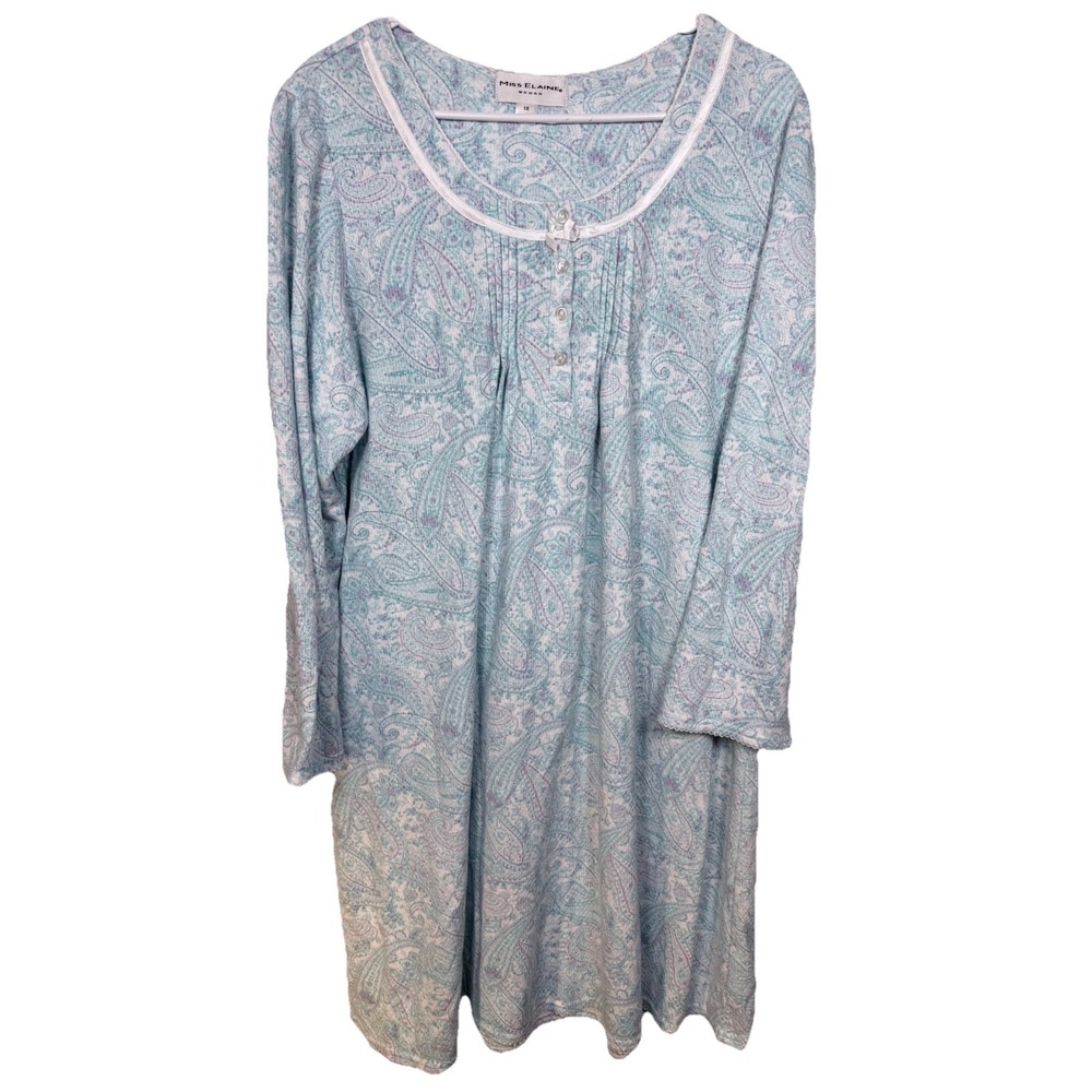 Miss Elaine Plus Size 1X Nightgown Blue Long Sleeve Smocked Blue Paisley Lace